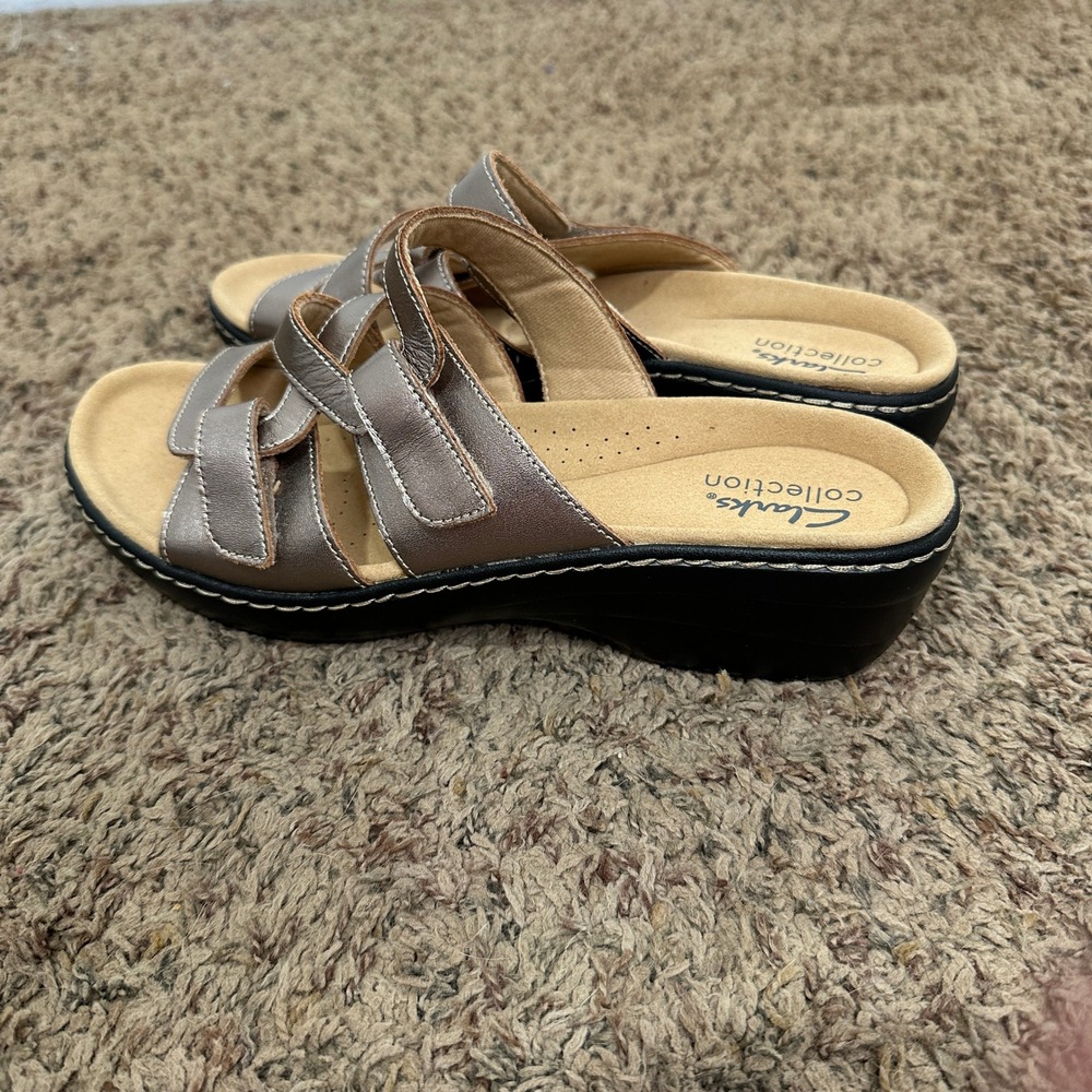 Clarks Collection Leisa Janna Metallic Pewter Leather Slide Sandals Womens 9 M - Picture 4 of 7